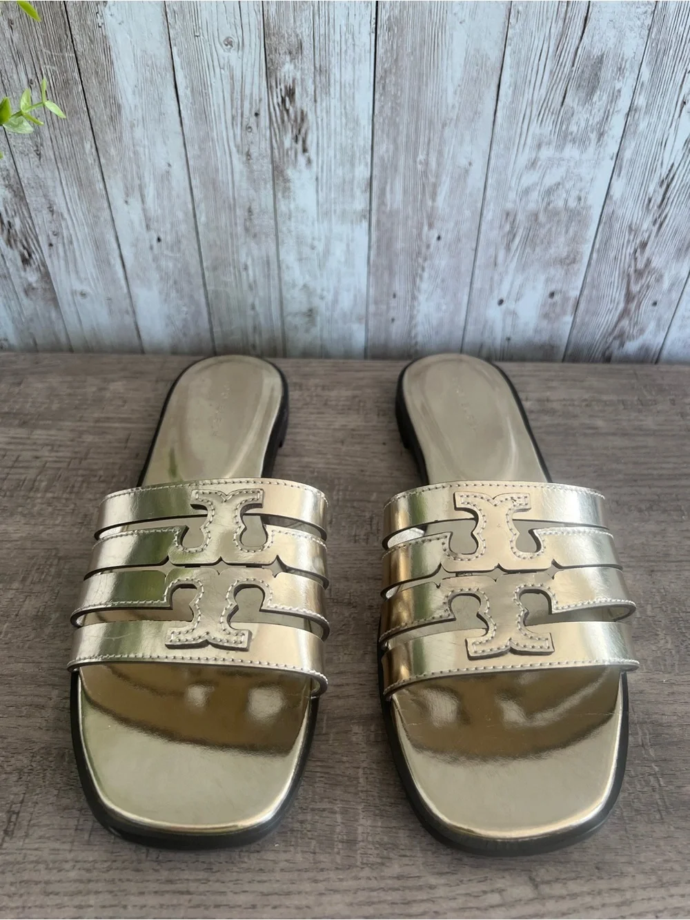 Tory Burch Ines Metallic Gold Triple-Strap Slide Sandals Size 7